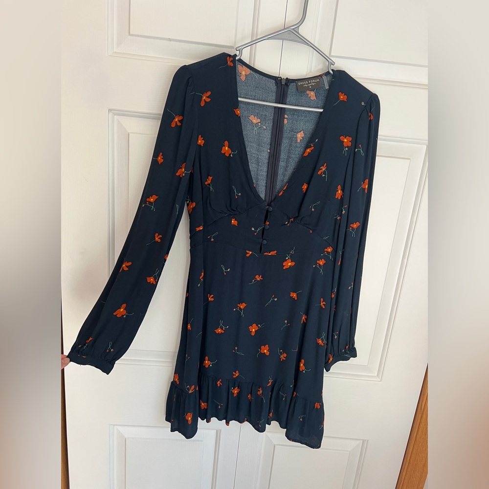 Dress Forum Navy Dress with Orange Floral Design